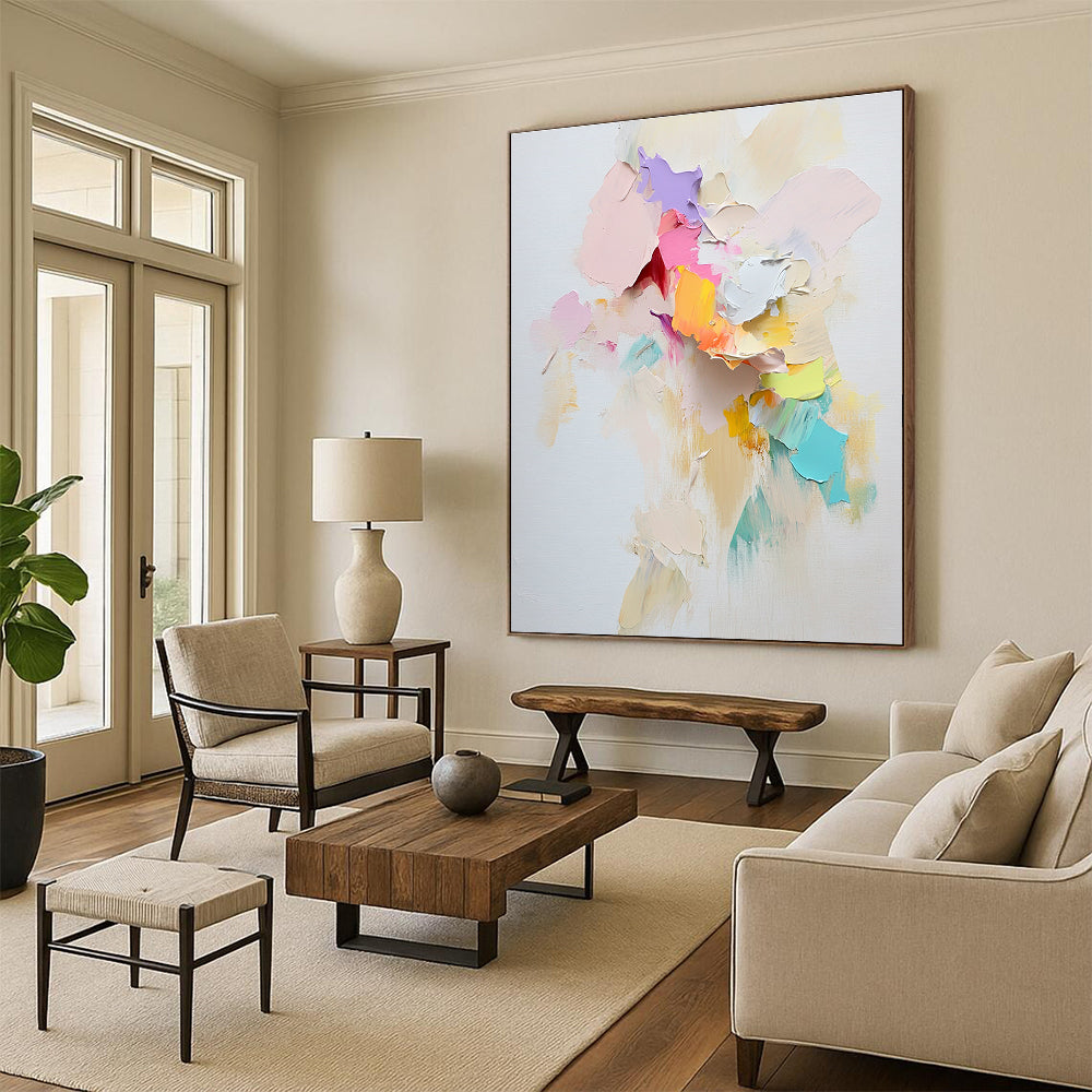 Large abstract painting with loose textured paint and pastel paper pieces suggesting movement featuring a prominent torn scrapbook paper centerpiece.STSC1248