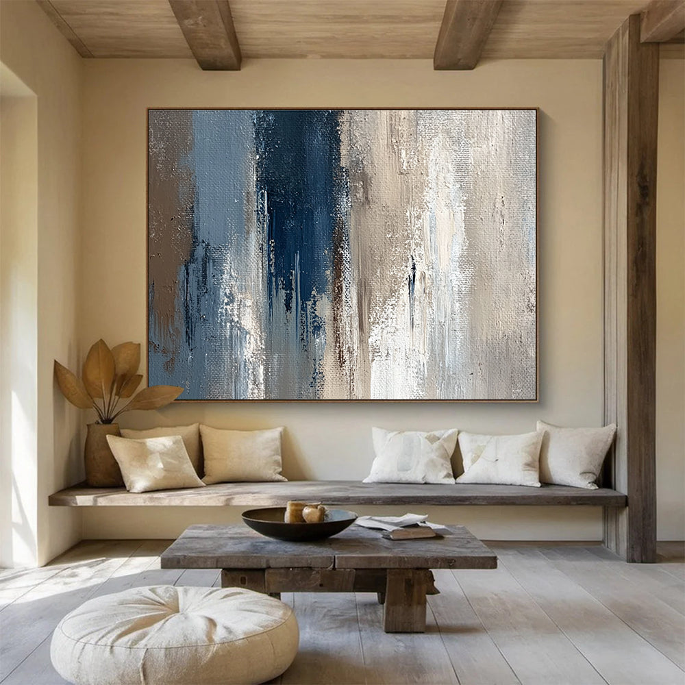 Blue and Beige Abstract Painting with Textured Layers DYP274