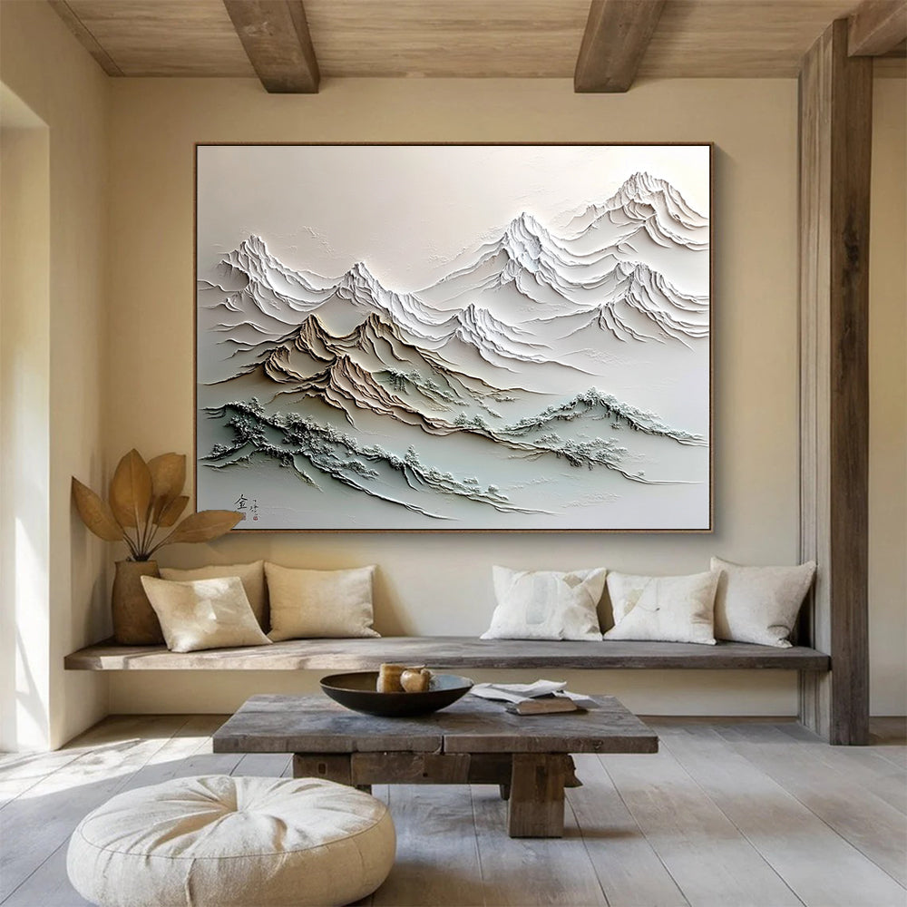A large abstract painting featuring a stunning mountain range with intricate details and a soft color palette, evoking tranquility and majesty.SC557