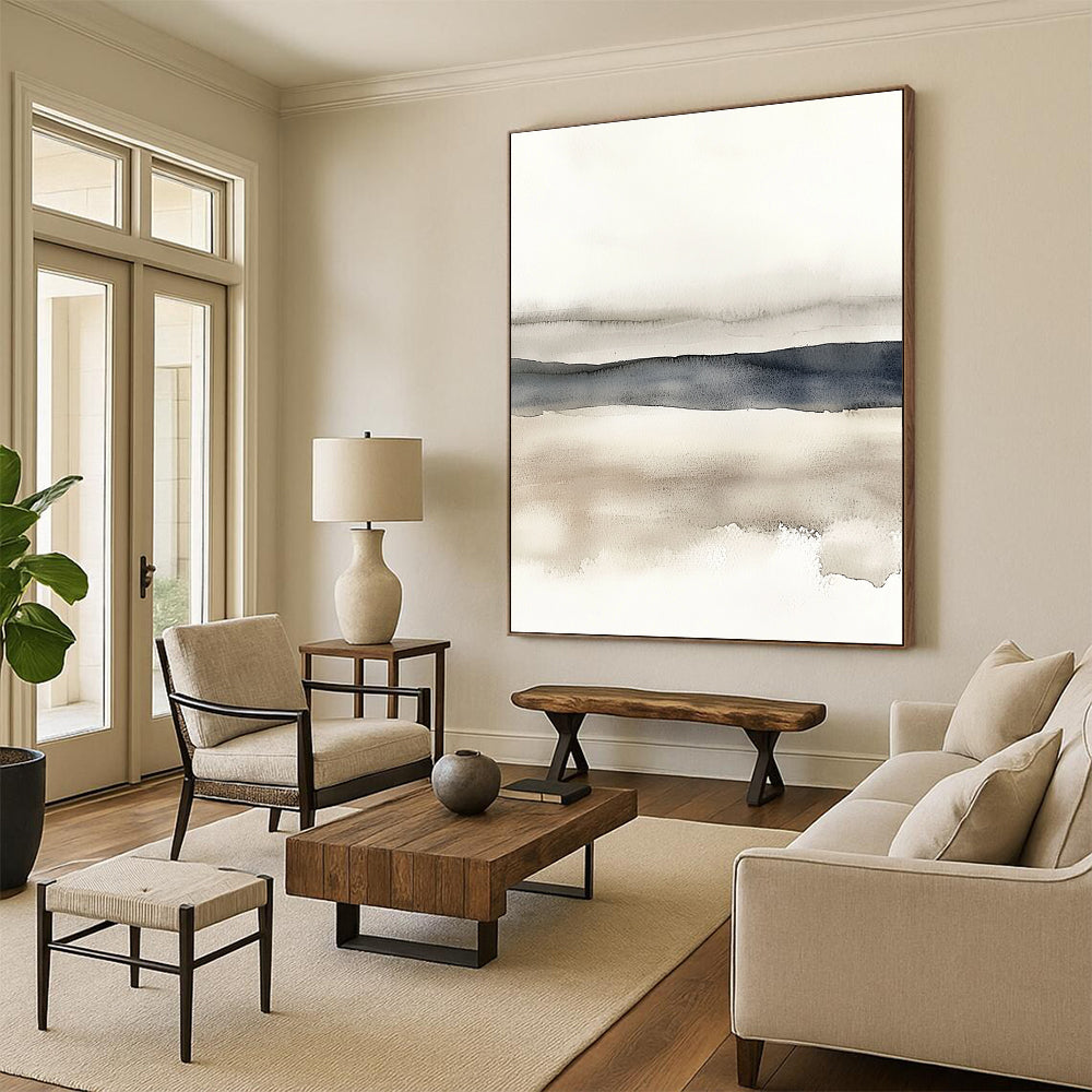 Large abstract watercolor in neutral tones featuring beige grey and navy blue on a white background with horizontal lines for a minimalist landscape.STSC496