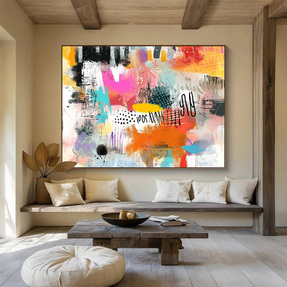 A large abstract painting featuring vibrant colors bold strokes dynamic shapes playful elements and a lively essence reflecting contemporary youth culture.SC508