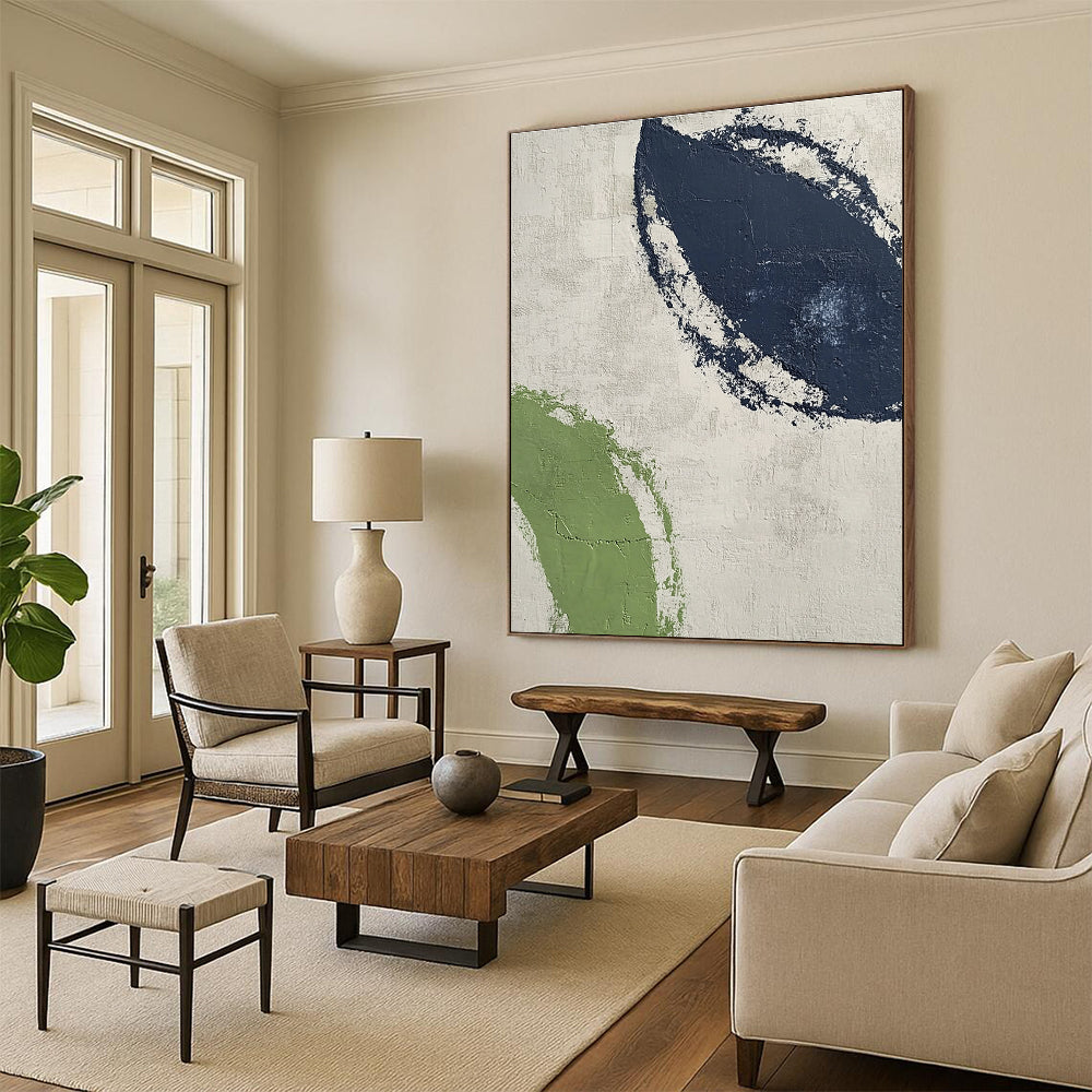 Large abstract painting featuring textured navy blue and green curves on a light gray background, embodying modern simplicity for contemporary interiors.STSC527