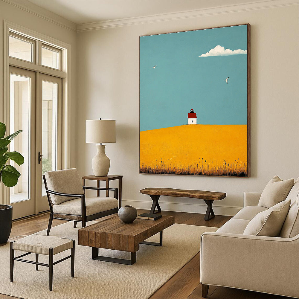 Abstract painting featuring a lighthouse, yellow fields, seagulls, and a vibrant blue sky using soft brushstrokes and tranquil colors.STSC1039