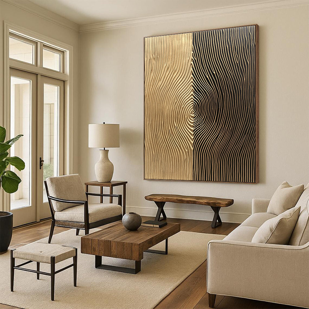 Abstract wall art features light brown and dark bronze sections with vertical lines and delicate curves for a visually engaging experience.STSC1214