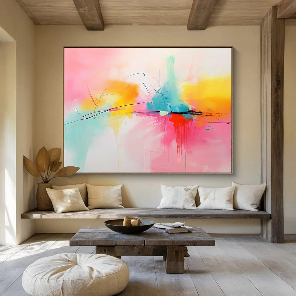 Large abstract painting in pink, yellow, and turquoise featuring dynamic lines and shapes for a vibrant artistic touch.SC144