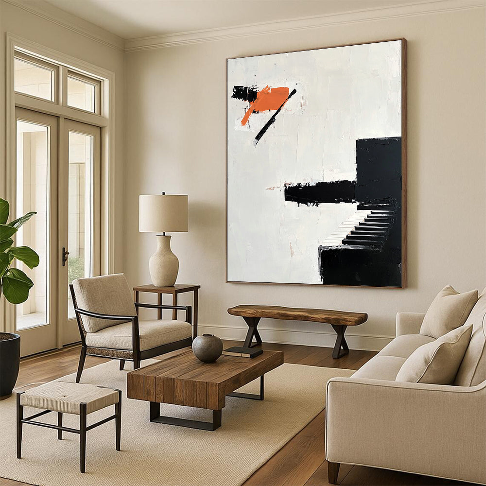 Abstract oil painting featuring bold impasto brush strokes with a minimalist design including an abstract black piano and orange shapes.STSC1089