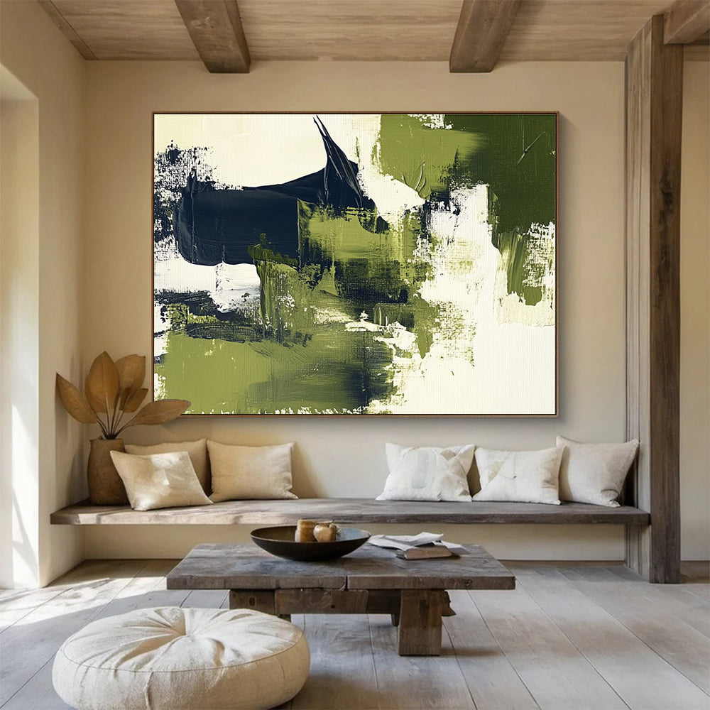 Green Black and White Abstract Painting with Textured Layers DYP407