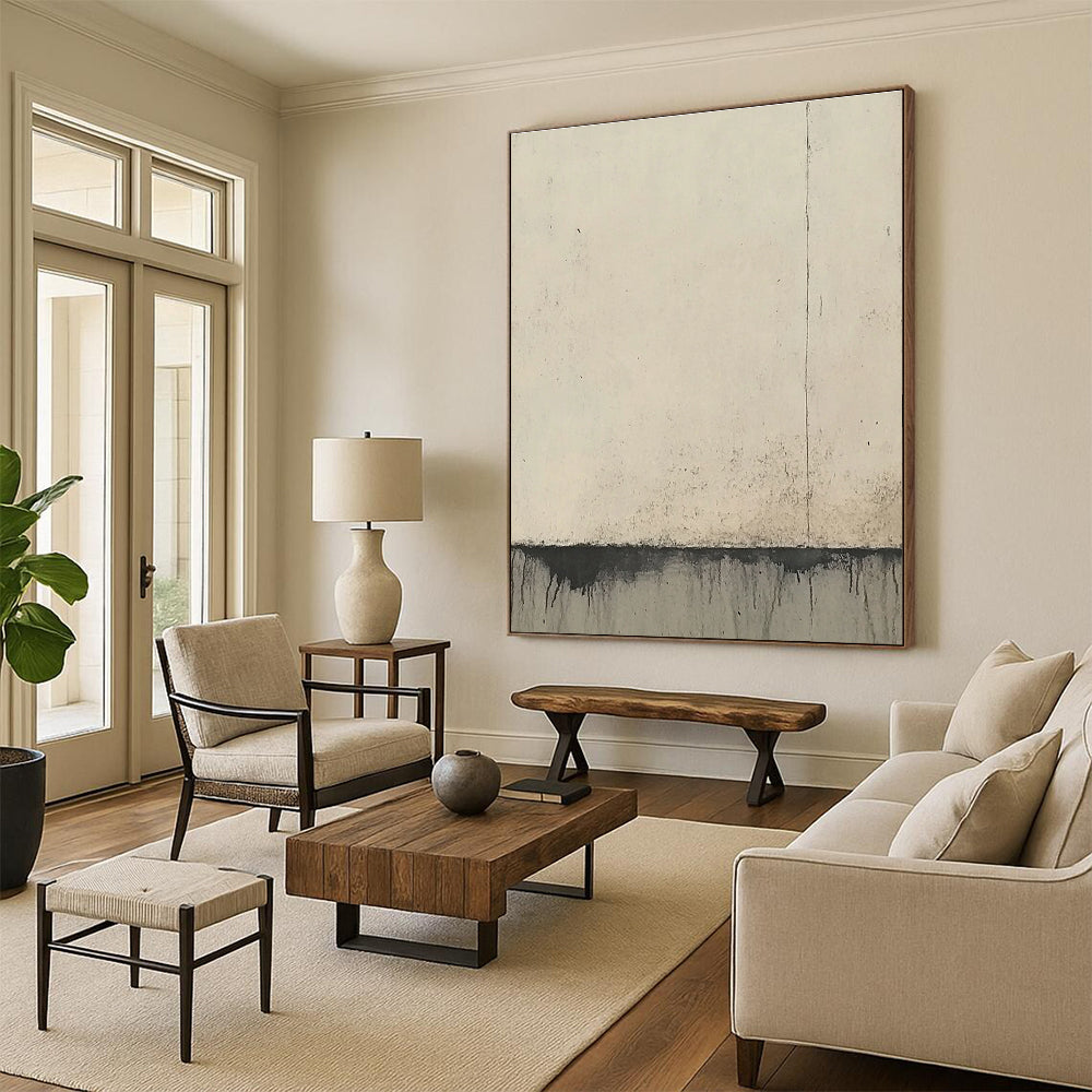 Large Abstract Painting Featuring Concrete Wall Edges In Soft Beige And Gray Tones Evoking Simplicity And Elegance.STSC950