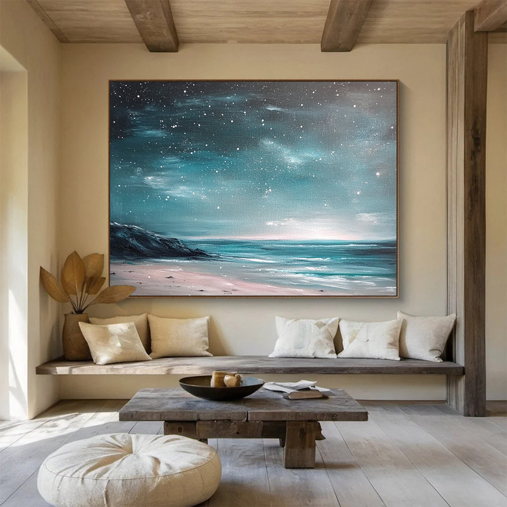 Coastal Starry Night Abstract Painting with Teal and Pink Tones DYP556