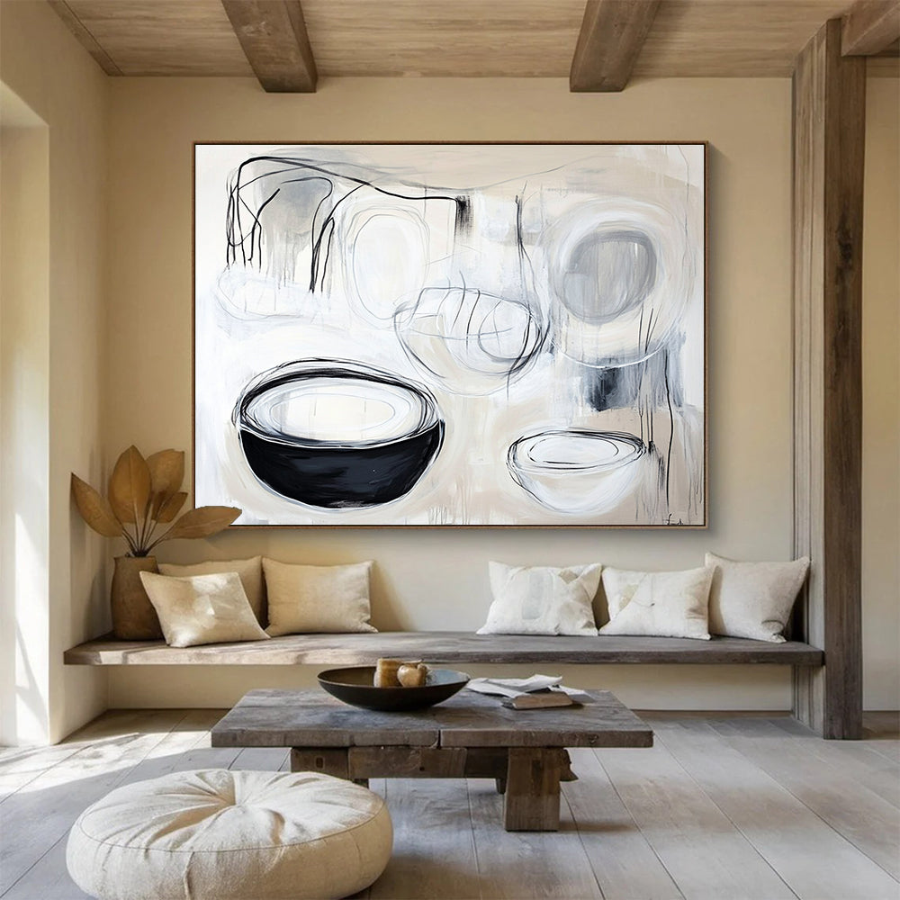 A large abstract painting featuring organic white and black lines, highlighting shapes of cups and plates with expressive black ink strokes.SC389