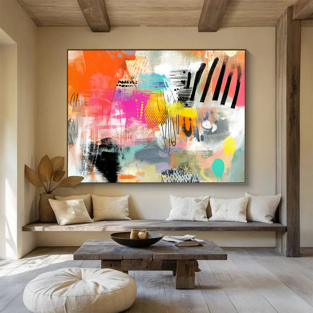 Large abstract painting featuring vibrant patterns and textures in orange pink teal yellow and black with a central blank space for customization.SC005