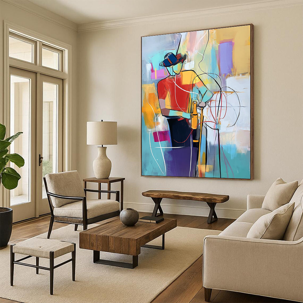 Large abstract painting of an electrician with vibrant colors dynamic lines and geometric patterns showcasing energy and creativity in the craft.STSC554