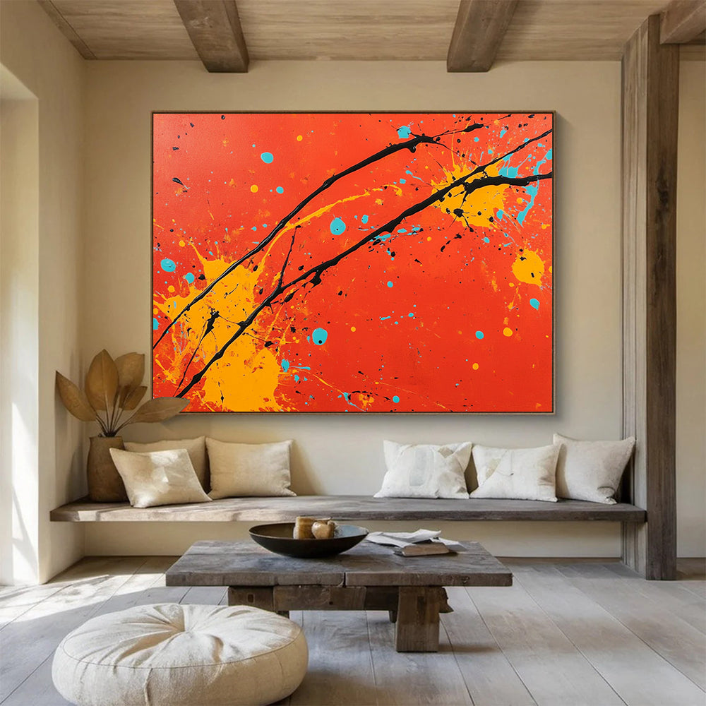 An abstract painting featuring a red background with orange and yellow splashes black lines and light blue accents in the style of Jackson Pollock.SC531