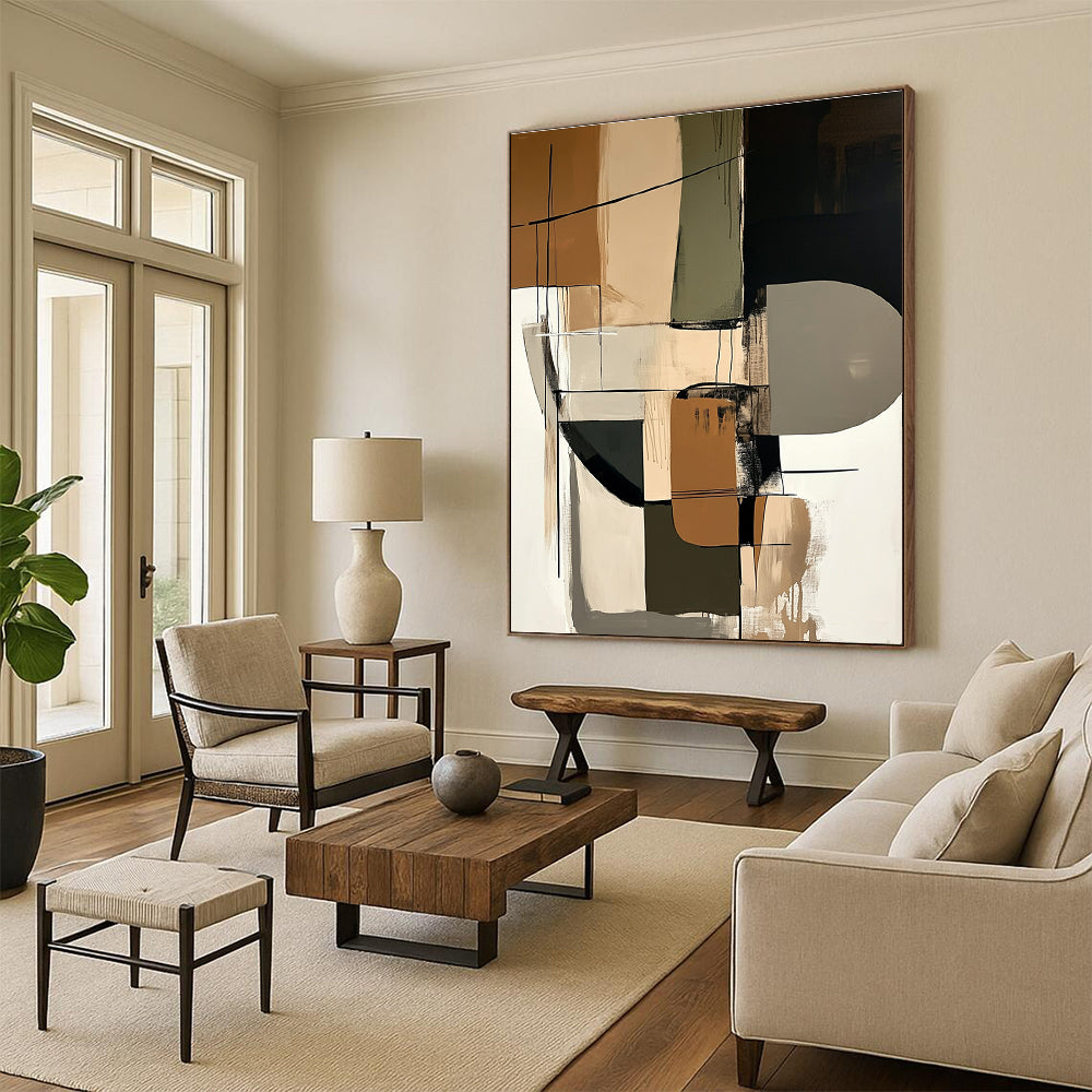 Large abstract painting featuring shapes in beige black and brown that adds sophistication to any space.STSC793