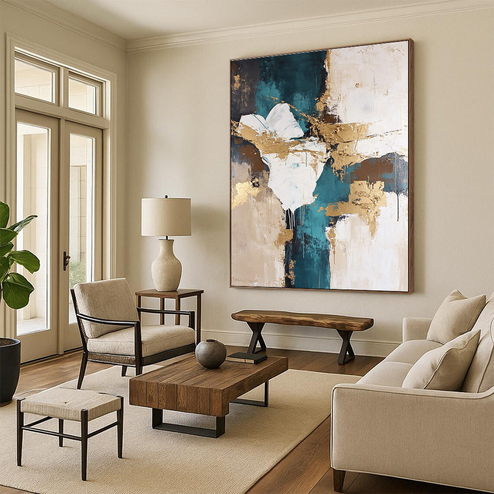 Teal and Gold Abstract Painting with Fluid Shapes GER447