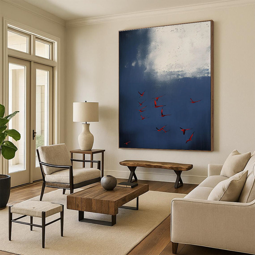 Red Birds in Blue Sky Abstract Painting with White Accents ADGE500