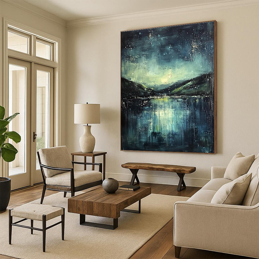 Abstract painting featuring a misty night sky with stars a serene lake and green hills in dark blue and teal hues.STSC294