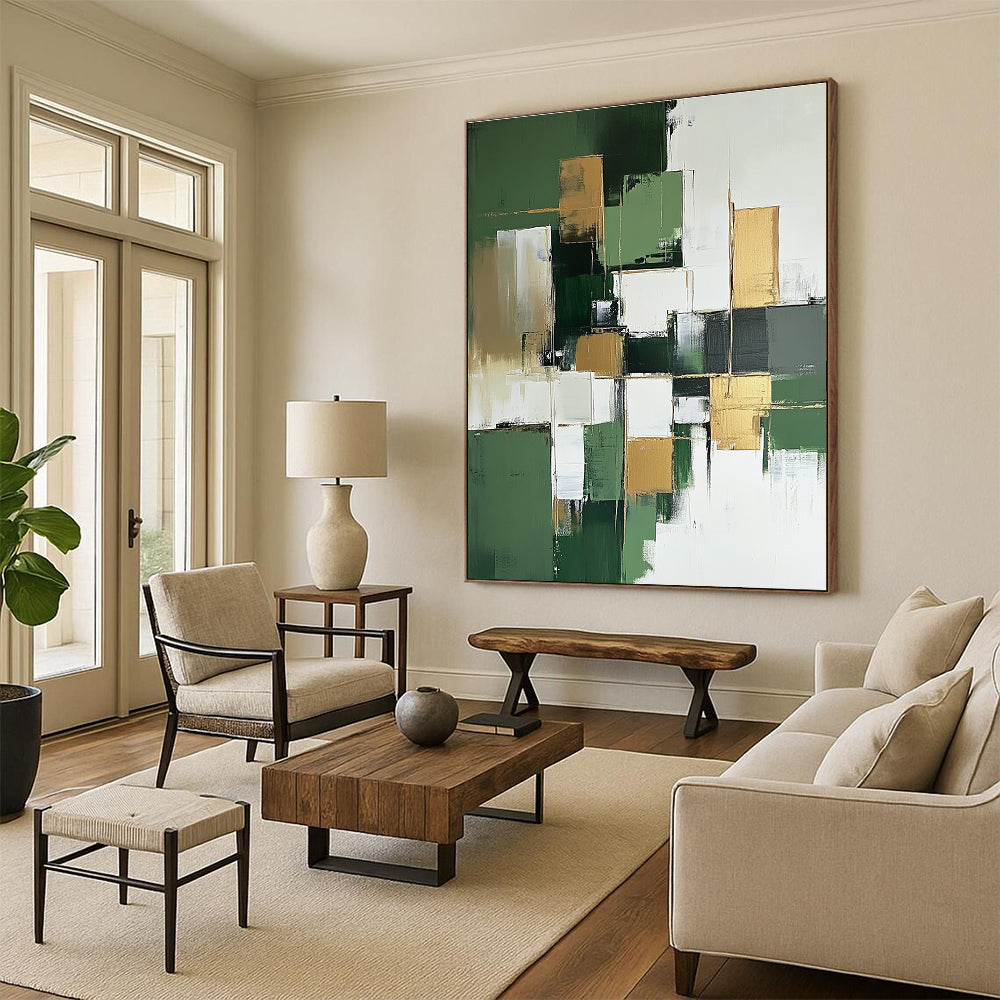 Large abstract painting in green and white with minimalist gold accents creating a striking focal point for any space.STSC611