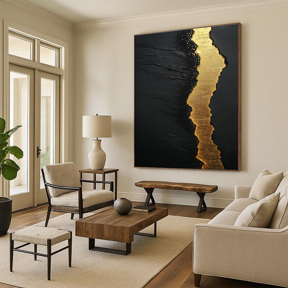 Large abstract painting featuring textured black sand golden water and white clouds with flowing golden light in a minimalist style against a dark background.STSC304