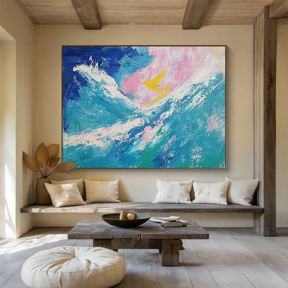 Sea and Bird Abstract Painting with Blue and Yellow Tones DYP522