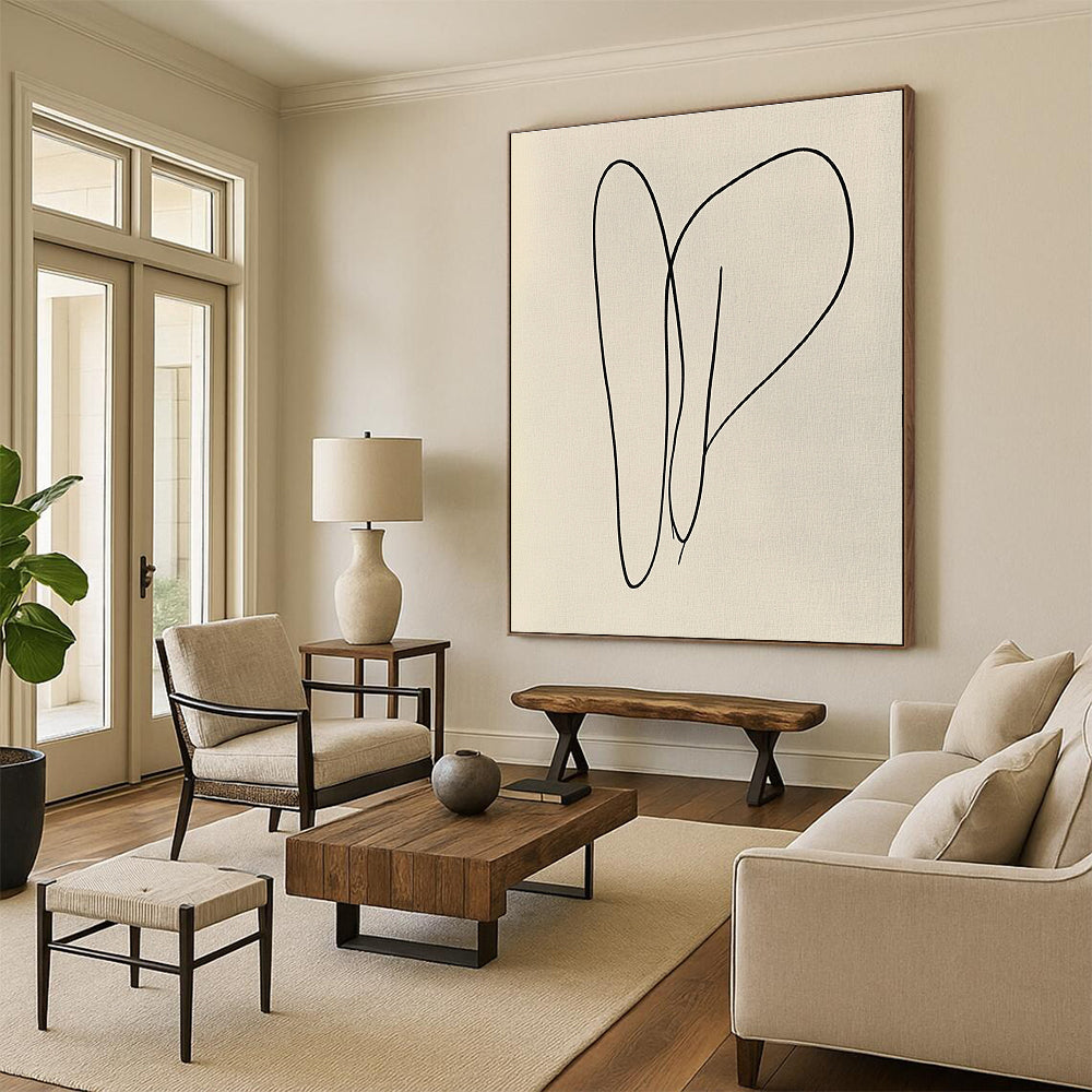Large abstract artwork featuring bold black lines on light grey paper with organic shapes in a continuous line style evoking joy and vibrancy.STSC1182