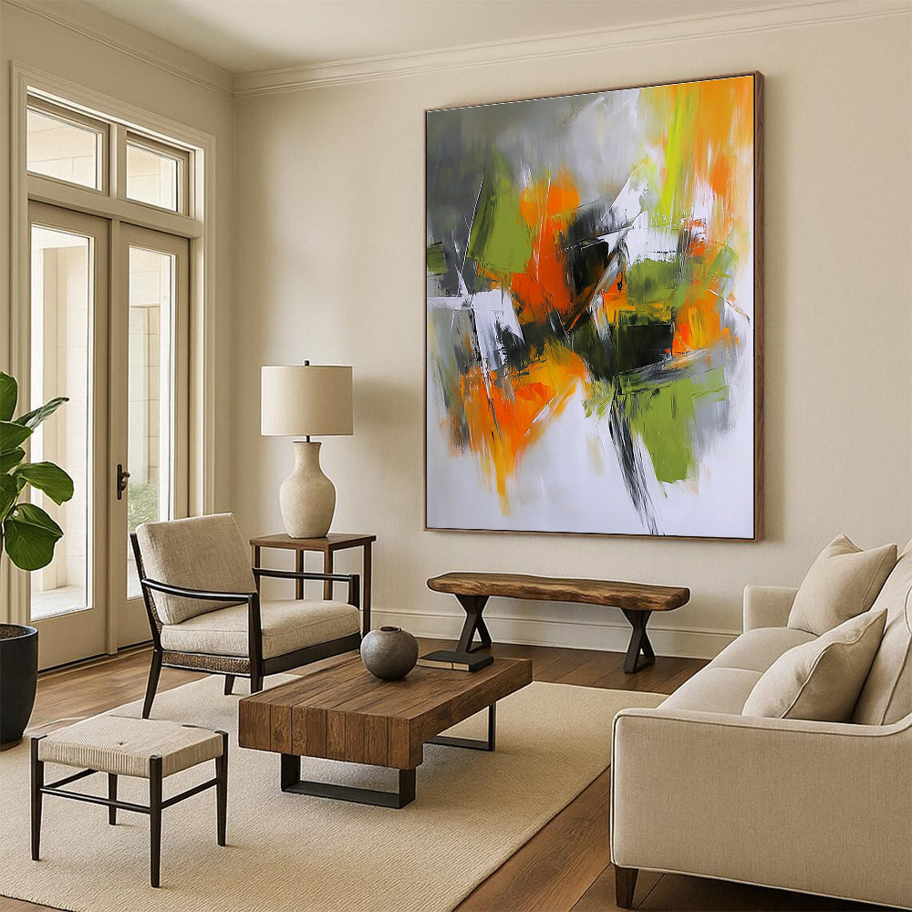 Large abstract painting in light gray dark orange and olive green capturing an autumn urban garden with dramatic shadows and energetic brush strokes.STSC769