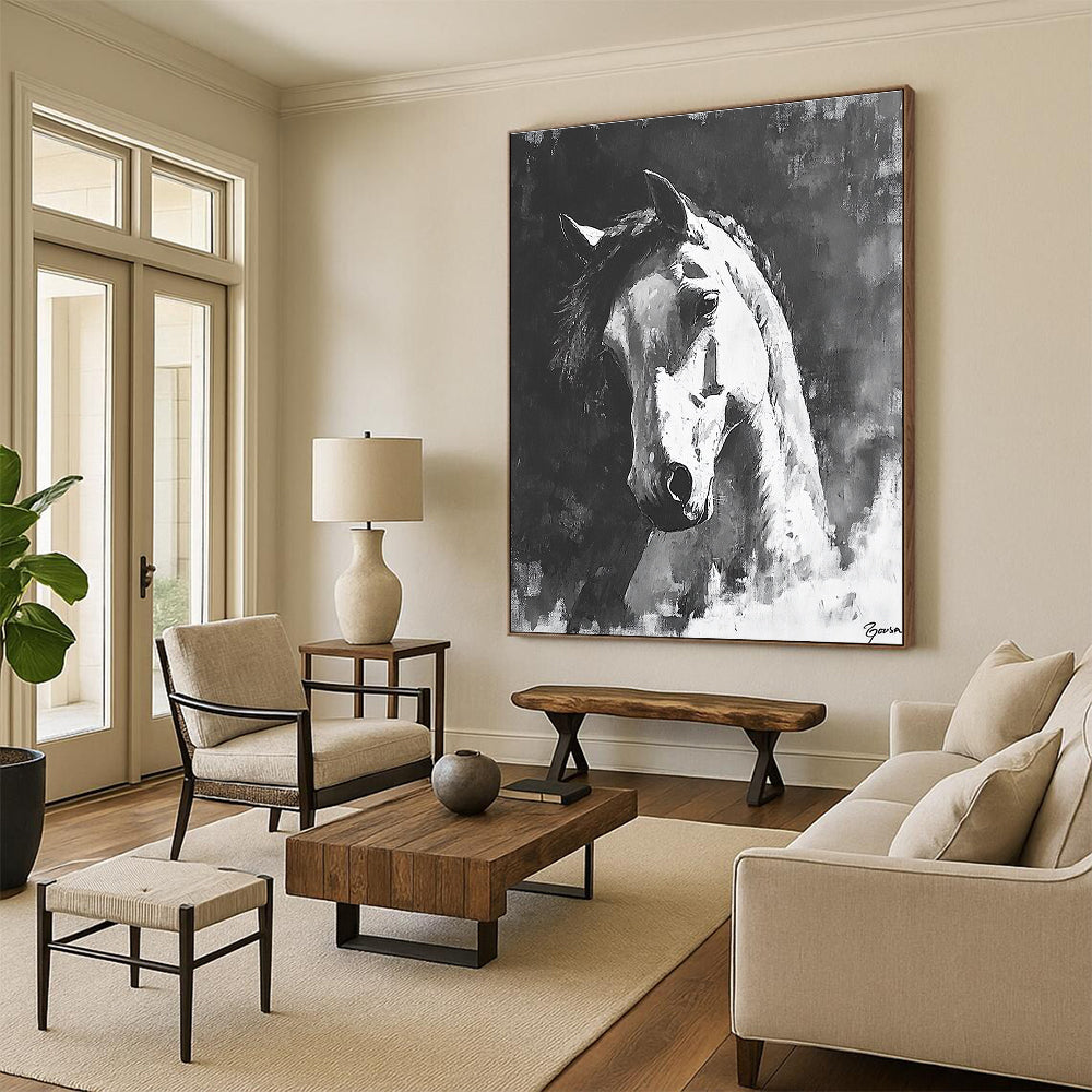 Large abstract painting of a horse in black and white featuring bold brush strokes and dramatic shadows on a textured canvas.STSC290