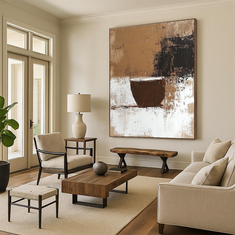 Large abstract painting featuring coffee stains and neutral tones with a textured surface and a beige background inspired by Chicano art.STSC928