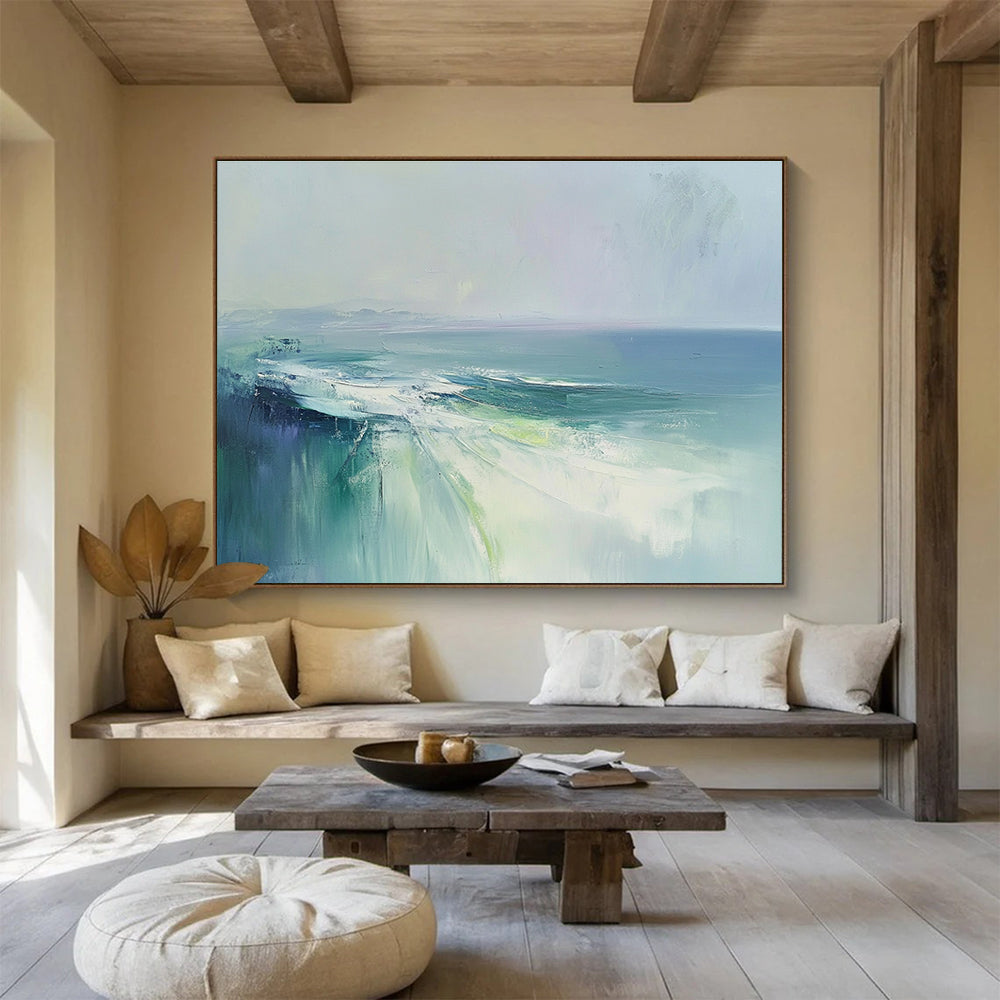 Large abstract painting of the sea with soft blues and greens, evoking a misty morning atmosphere in an ethereal and emotional style.SC047