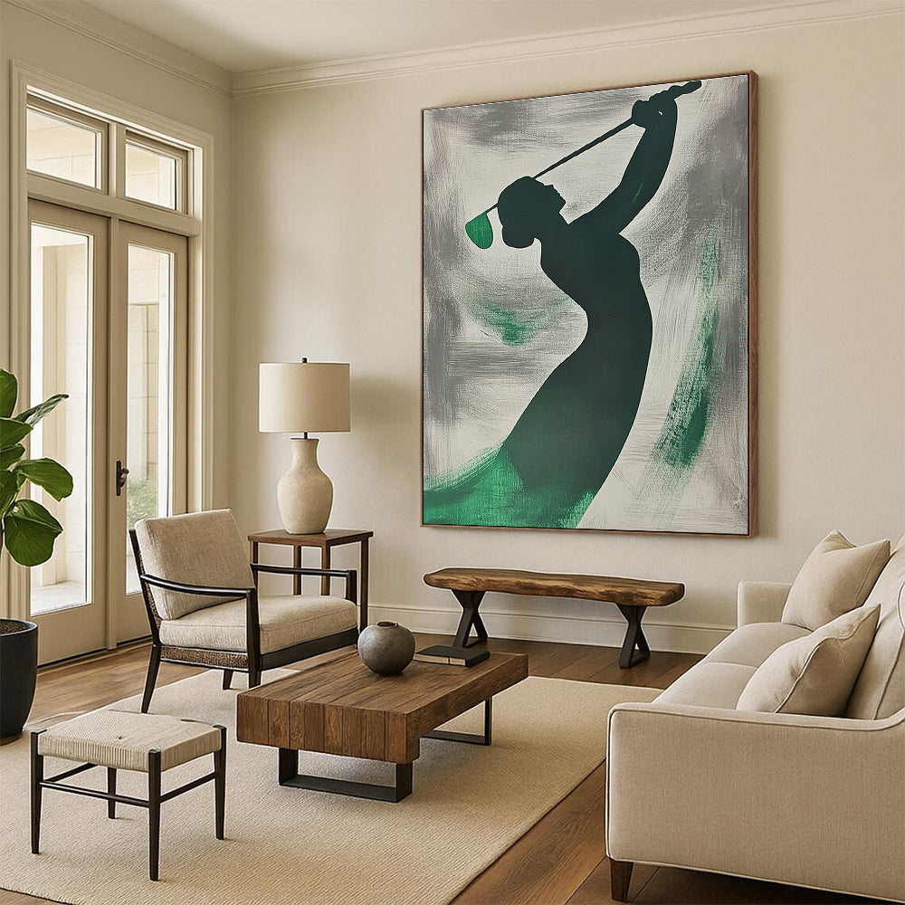 A large abstract painting featuring a silhouette of a woman playing golf with emerald green brushstrokes on a grey background.STSC1065