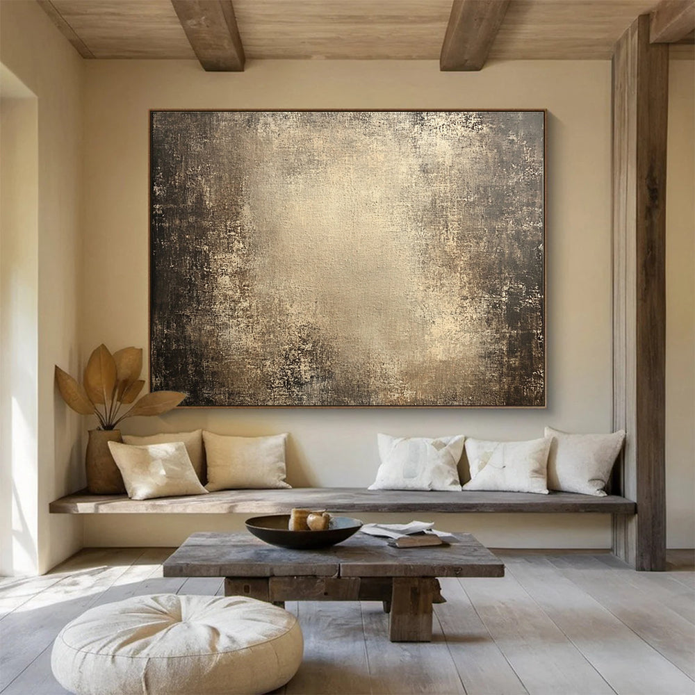 Large abstract canvas with an aged textured surface featuring a dark gradient and spotlight enhancing its weathered, grungy appearance.SC481