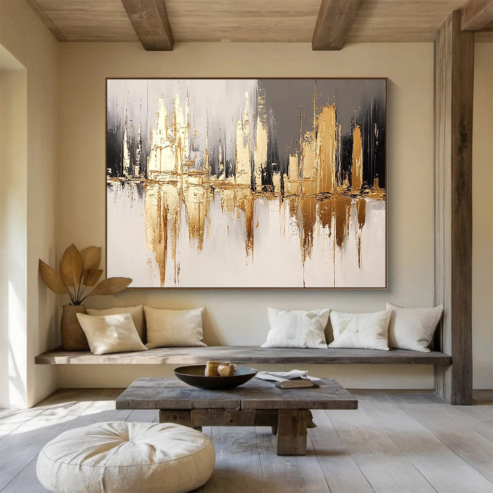 Gold and Gray Cityscape Abstract Painting with Reflective Textures DYP311