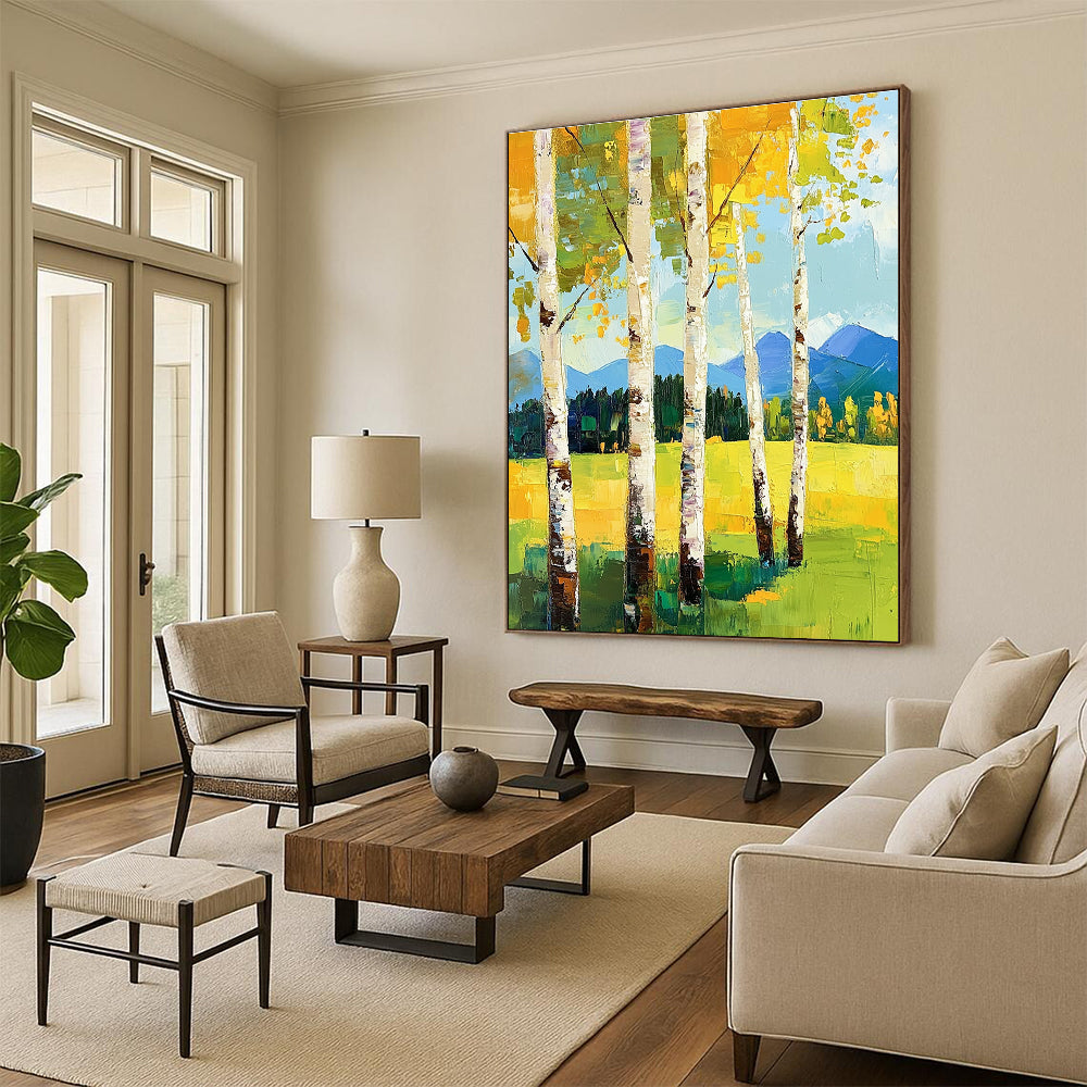 Large abstract painting featuring birch trees in spring vibrant greens and yellows with mountains in the background and thick expressive brush strokes.STSC871