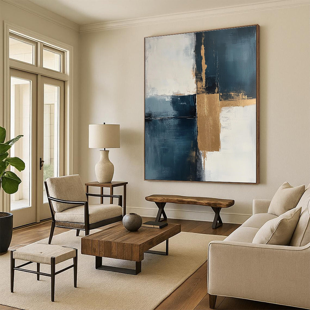 Muted Blue and Gold Abstract Painting with Understated Luxury GER377