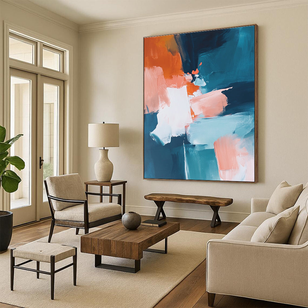 Blue Orange Abstract Painting with Dynamic Color Blocks GER790