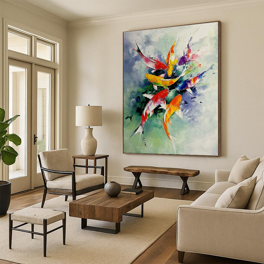 Abstract painting of colorful koi fish leaping from water surrounded by misty clouds on a white background with vibrant scales and light green tones.STSC1012