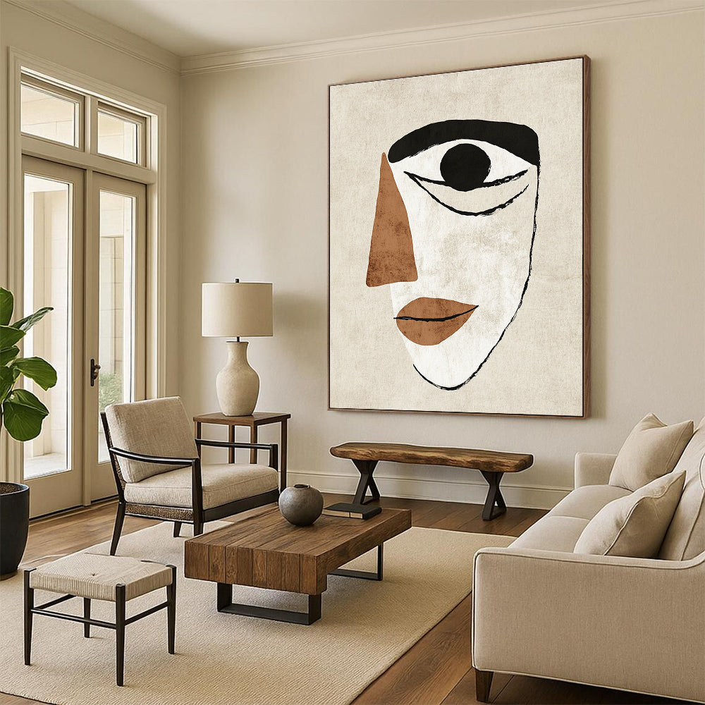Large abstract illustration featuring a simple face with an eye and a nose in Matisse style on a textured beige background.STSC990