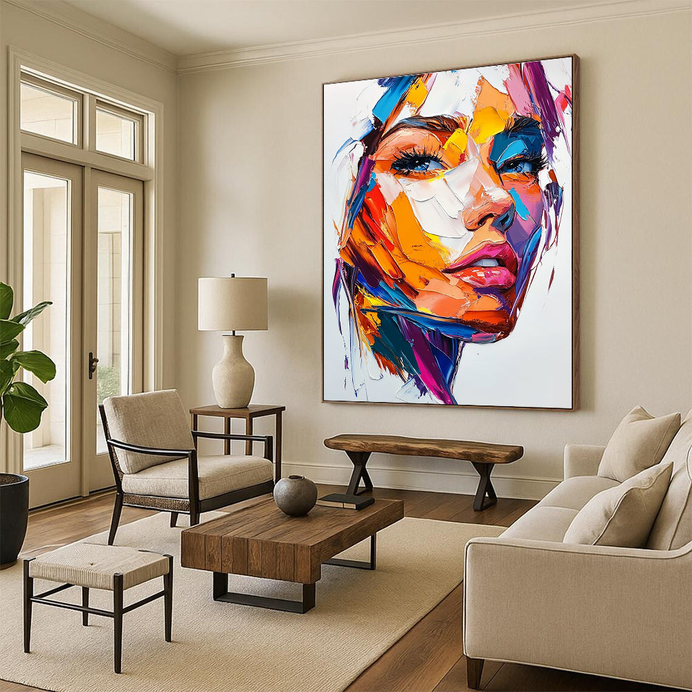 Large abstract painting of a woman's face featuring vibrant colors bold brush strokes and intense emotion on a white background.STSC457