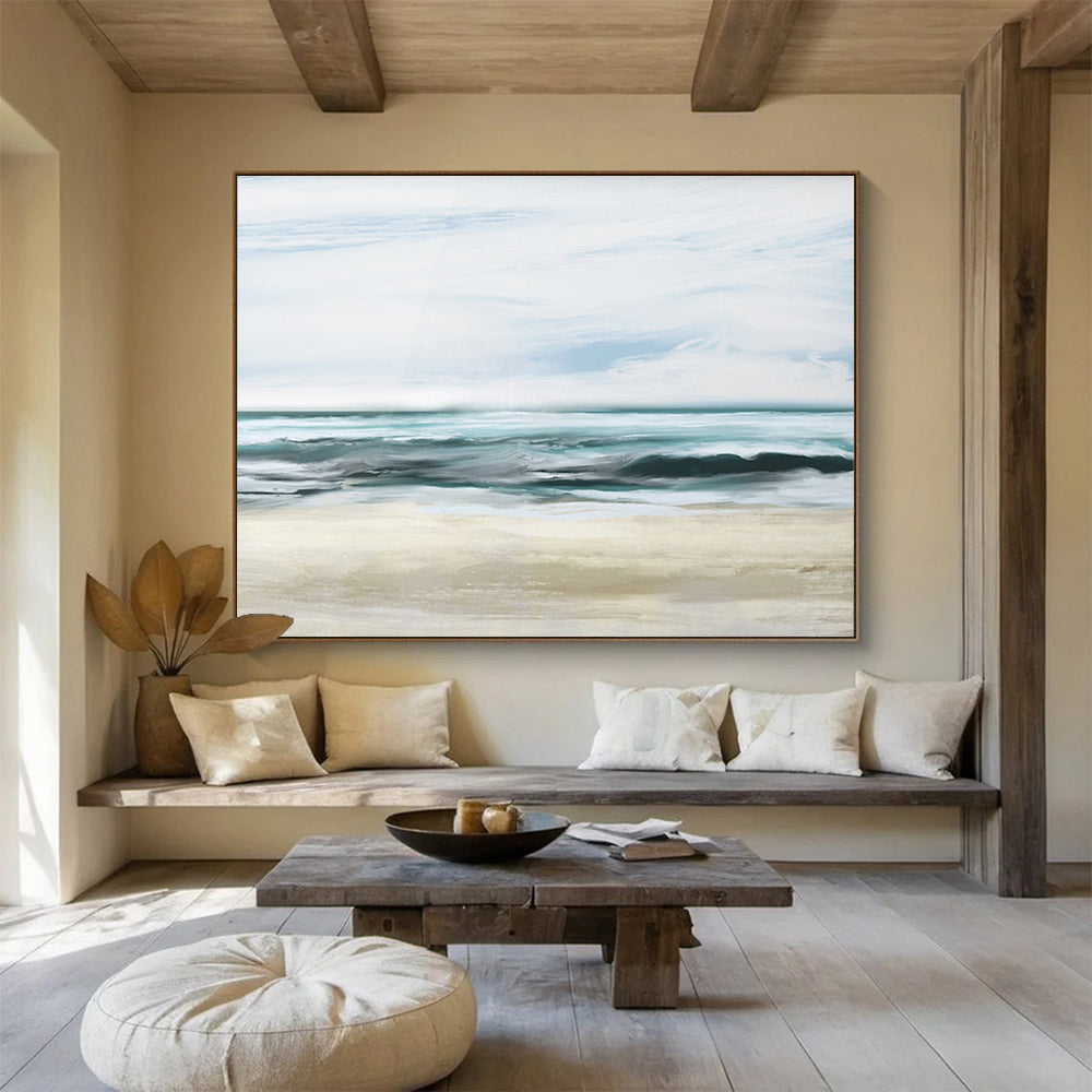 Calm Sea Abstract Painting with Blue and Beige Tones THY128