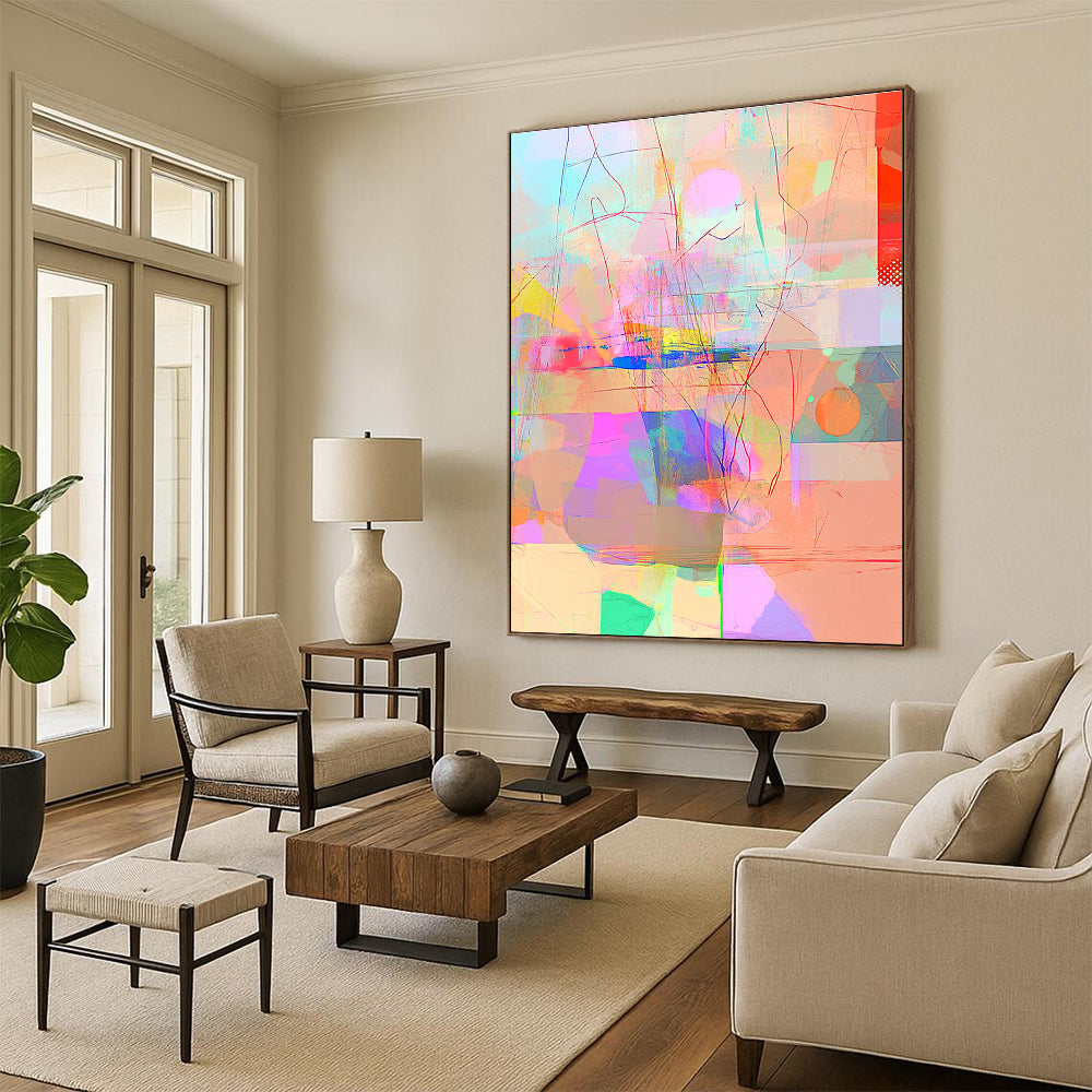Large Abstract Artwork Blending Minimalism Impressionist Cubofuturism and Glitch Effects in Dreamy Pastel Gradients with Depth and Light Highlights.STSC981