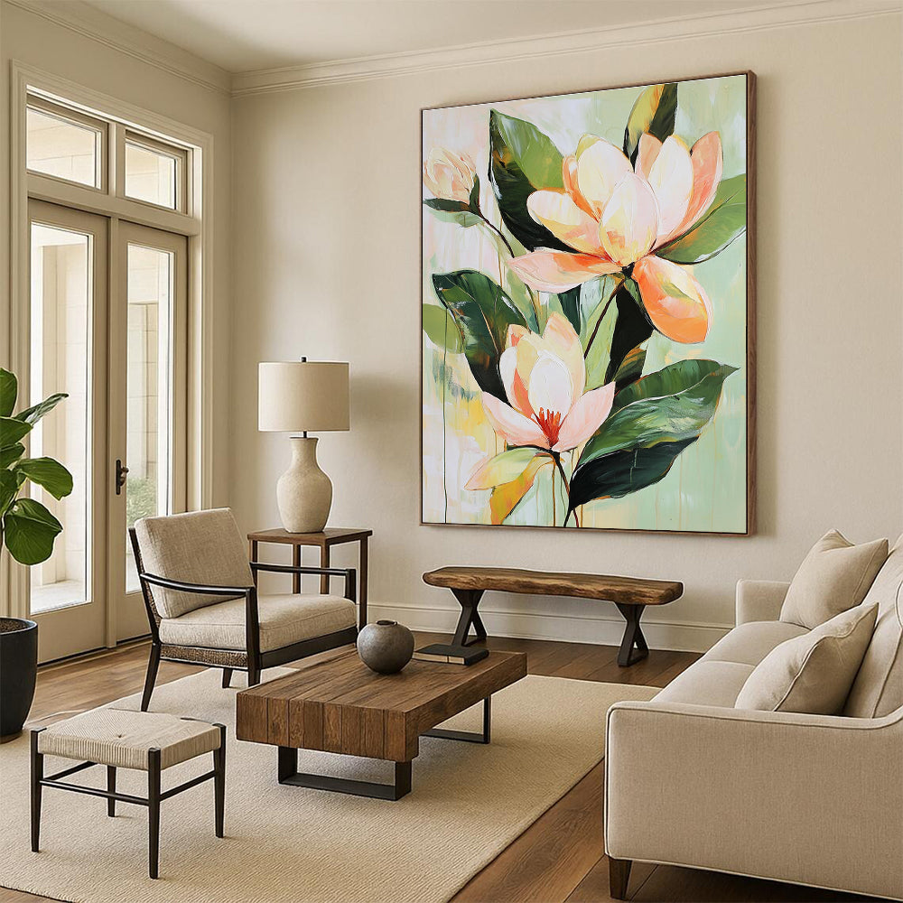 Large abstract painting of tropical flowers and magnolia blossoms in soft tones with a vintage brushstroke style on a pale green background.STSC355