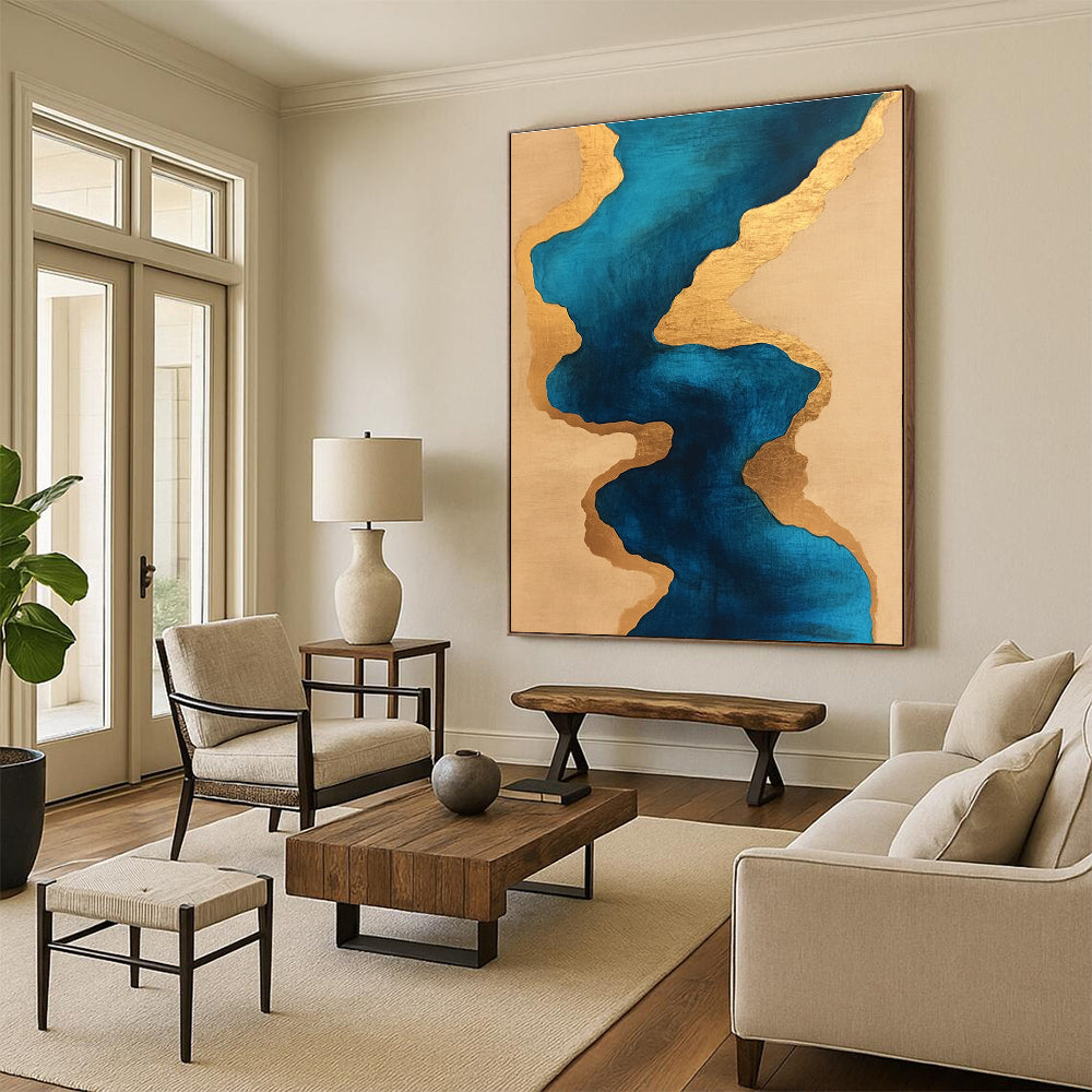 Blue and Gold Fluid - Shaped Abstract Painting GER234