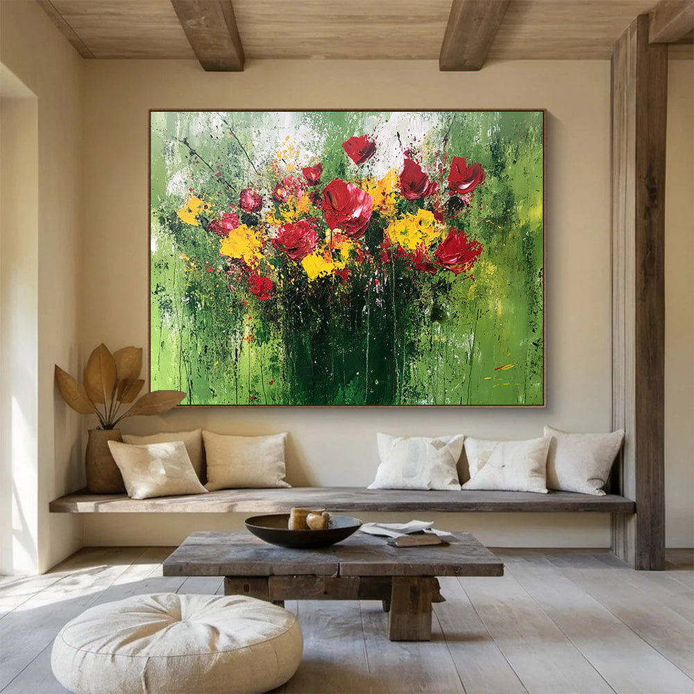 Large abstract painting featuring a vibrant bouquet in red and yellow with thick textured paint and expressive brushstrokes on a green background.SC479