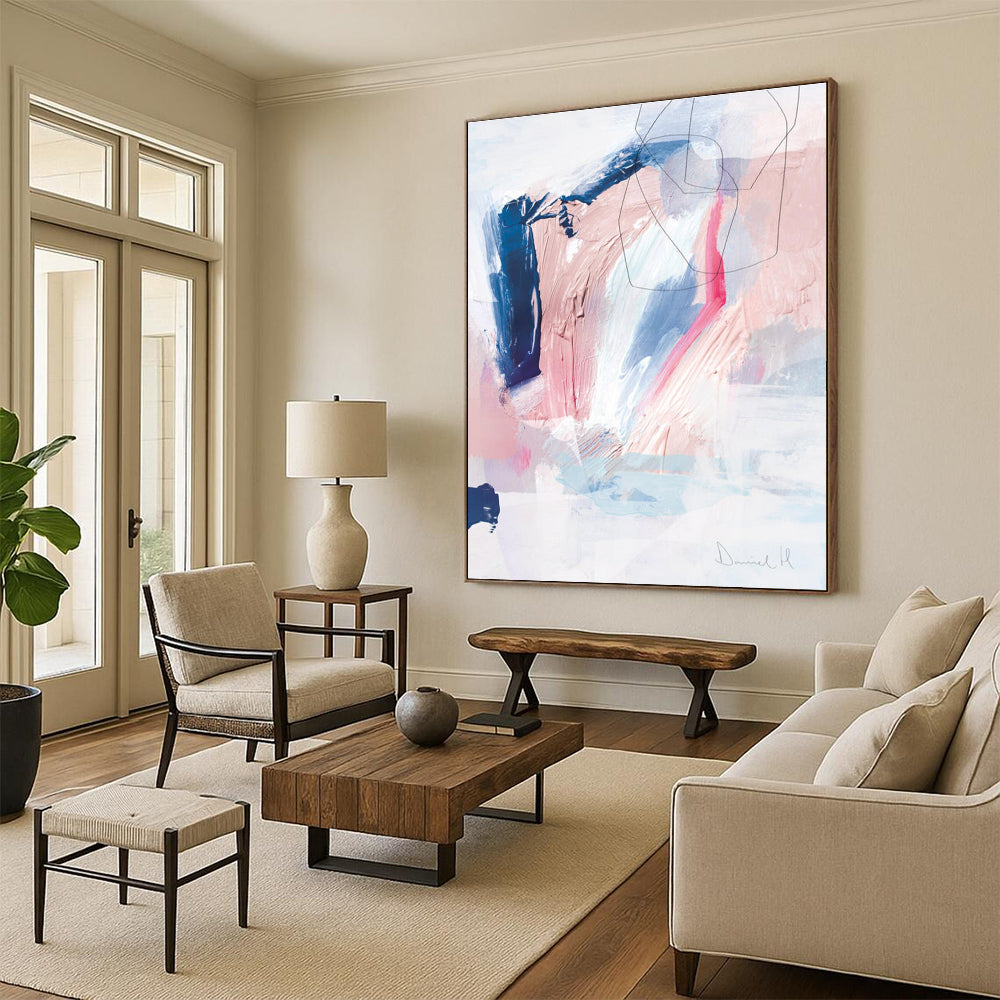 Pastel Abstract with Pink, Blue, and Black Lines Painting ADGE155