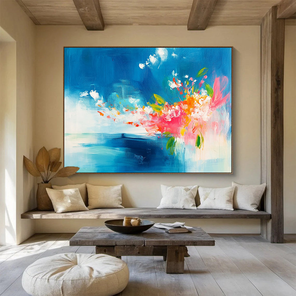 Blue and Pink Abstract Painting with Floral Burst DYP394