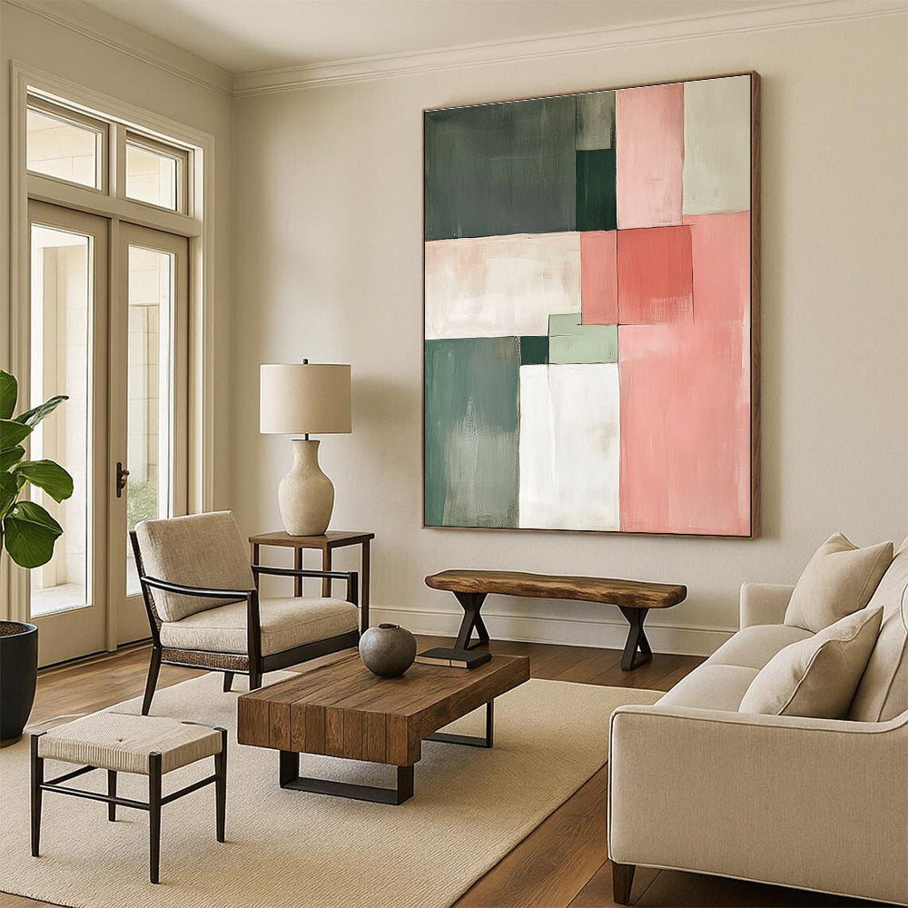 Green and Pink Block Abstract Painting with Subtle Contrasts GER154