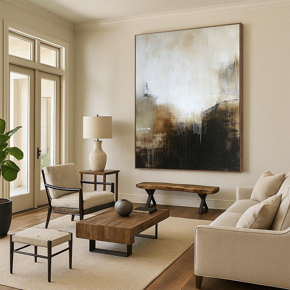 Large abstract painting in muted white and brown tones with black hints offering a mysterious and inviting atmosphere with textured layers.STSC618