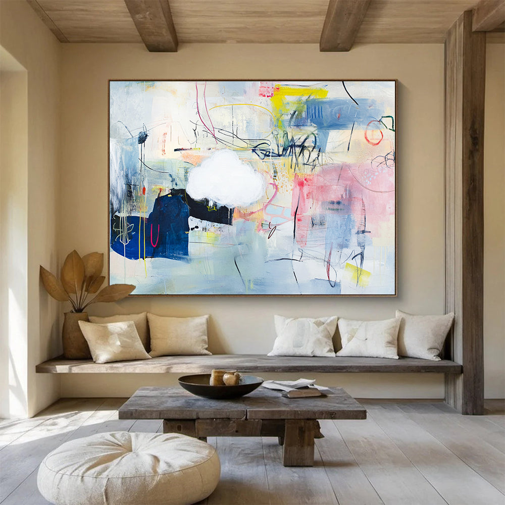 Large abstract painting featuring playful shapes and lines on a light blue background with mixed media collage elements and vibrant textural accents.SC477