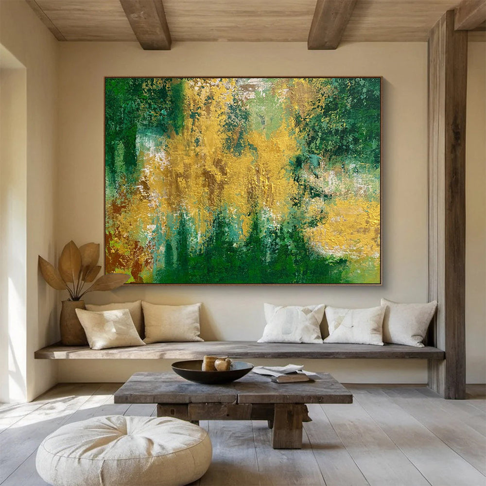 Green Gold Abstract Painting with Lush, Forest - Like Energy THY375