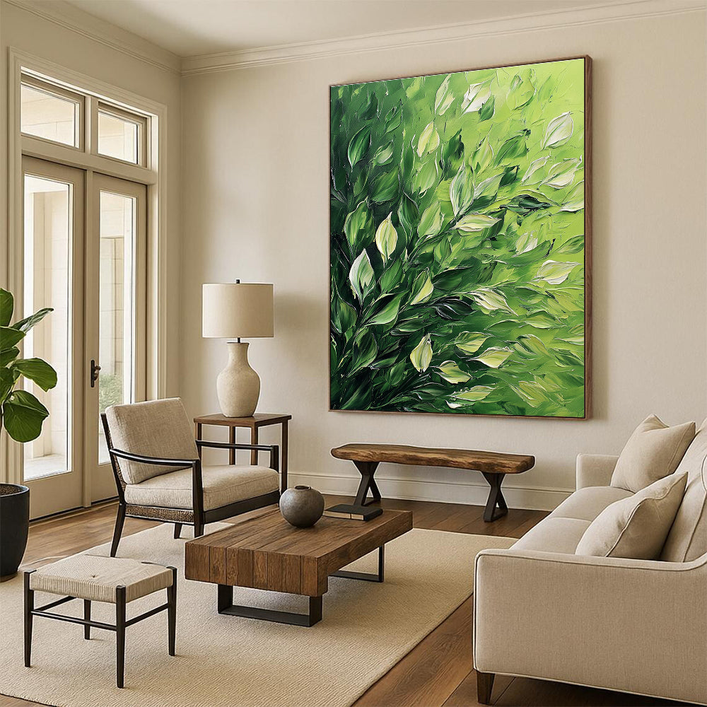 Large Abstract Painting Featuring Lush Foliage With Thick Brush Strokes Set Against A High Contrast Vibrant Green Background.STSC1310